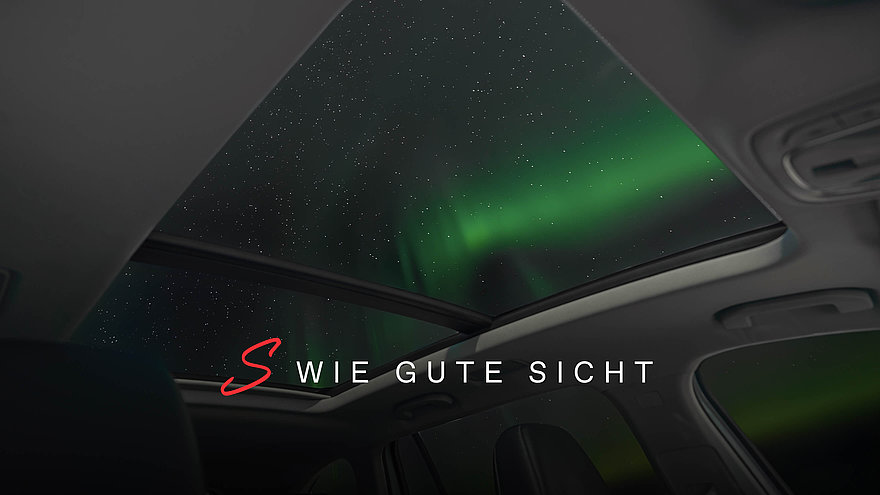 Blick aus dem Panorama-Glasdach auf grünes Polarlicht