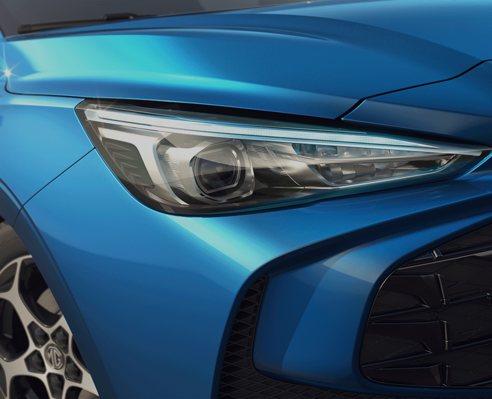 MG3 in Como Blue, Nahaufnahme Scheinwerfer rechts